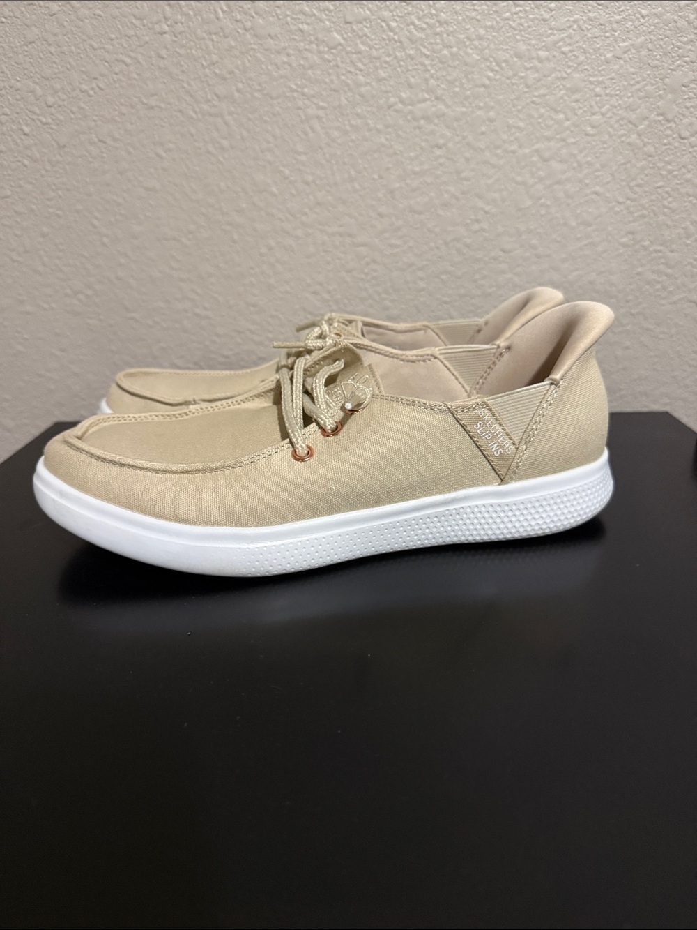 BOBS from Skechers Women's Tan Canvas Slip-On Sneakers with White Sole